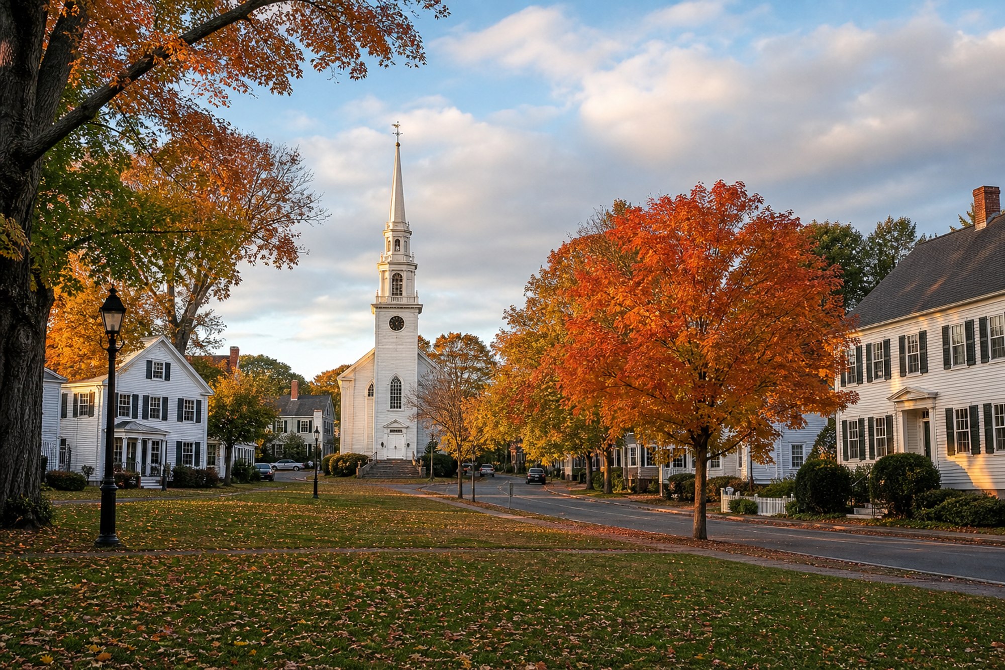 Concept image of a New England town green in Greater Hartford County, Connecticut
