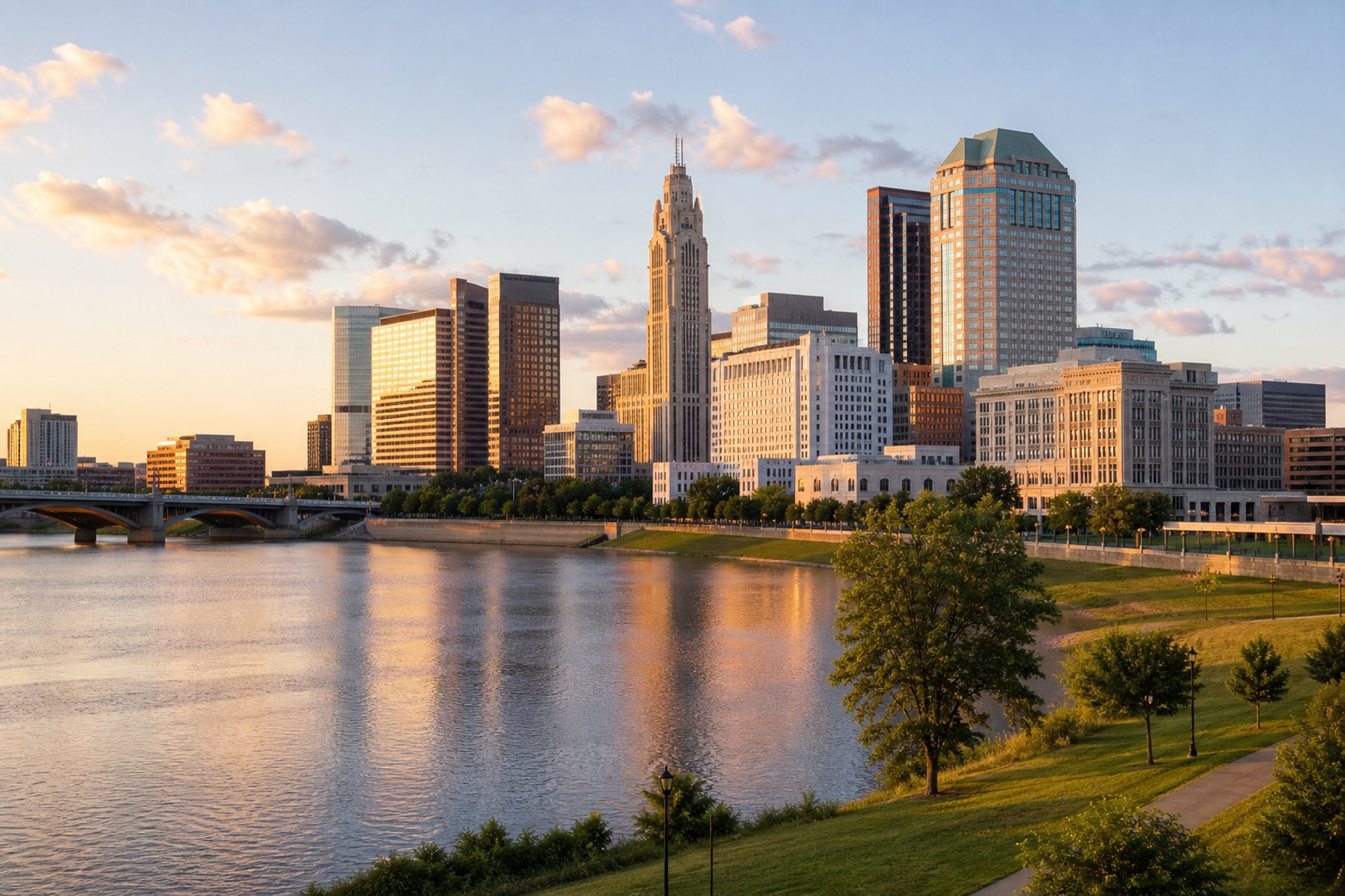 Concept image of the Hartford, Connecticut skyline along the river
