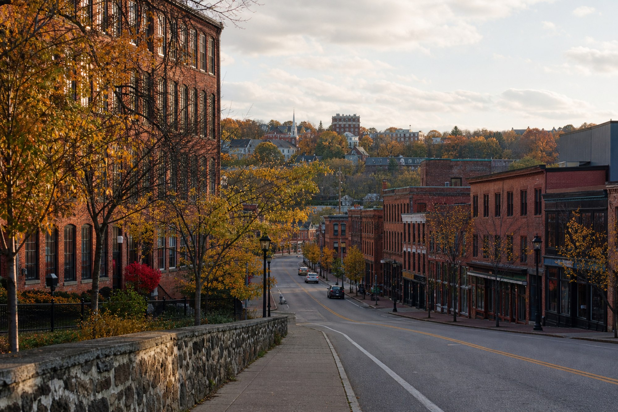 Concept image of a New England mill-town main street in New Britain, Connecticut